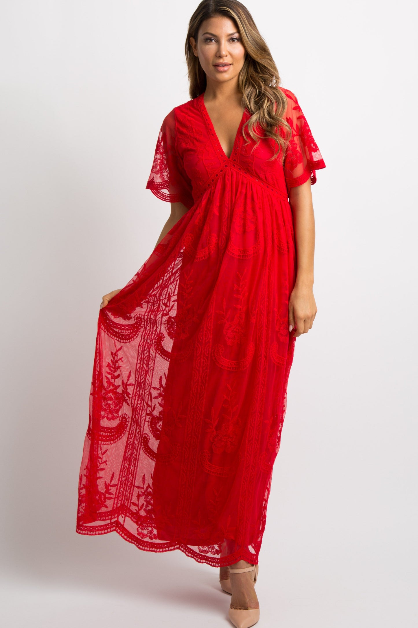 PinkBlush Red Lace Mesh Overlay Maternity Maxi Dress