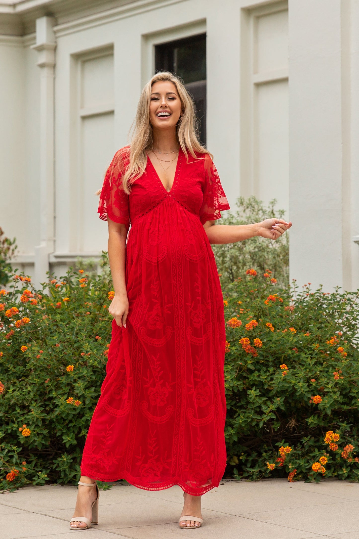 PinkBlush Red Lace Mesh Overlay Maternity Maxi Dress
