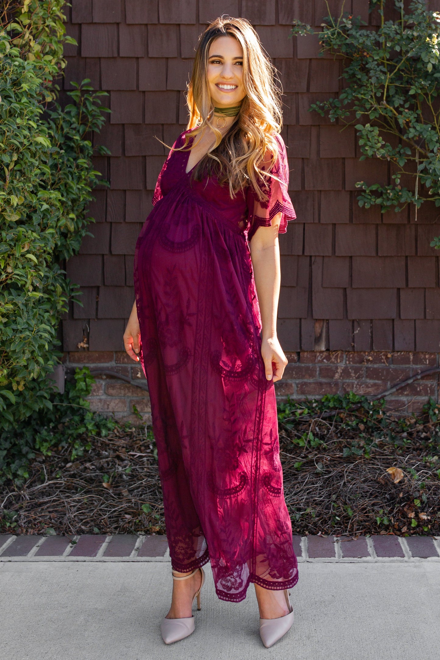 Burgundy Lace Mesh Overlay Maternity Maxi Dress