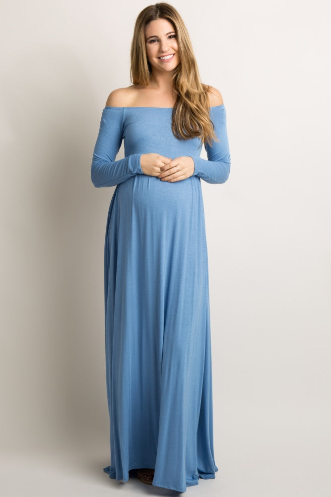PinkBlush Petite Blue Solid Off Shoulder Maternity Maxi Dress