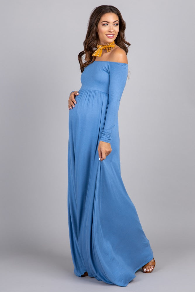 PinkBlush Petite Blue Solid Off Shoulder Maternity Maxi Dress