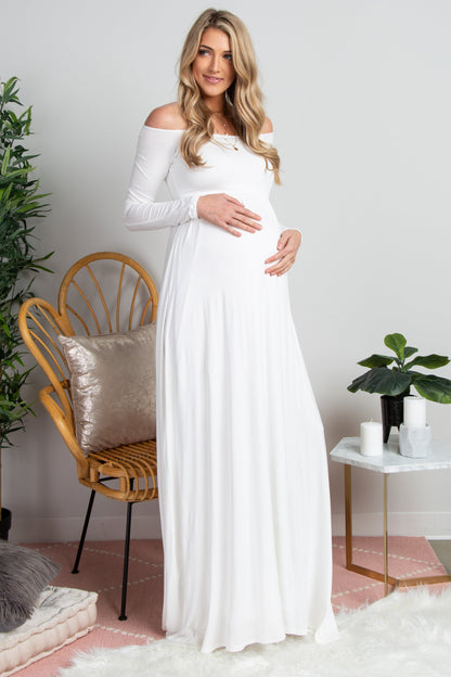 PinkBlush Tall Ivory Solid Off Shoulder Maternity Maxi Dress