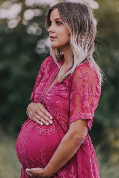 PinkBlush Magenta Lace Mesh Overlay Maternity Maxi Dress