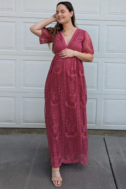 PinkBlush Magenta Lace Mesh Overlay Maternity Maxi Dress