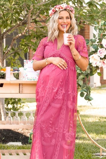 PinkBlush Magenta Lace Mesh Overlay Maternity Maxi Dress
