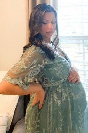Sage Lace Mesh Overlay Maternity Maxi Dress