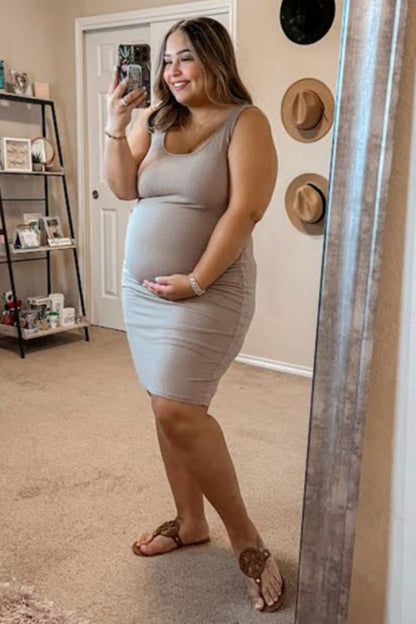 PinkBlush Mocha Ribbed Ruched Sleeveless Maternity Dress