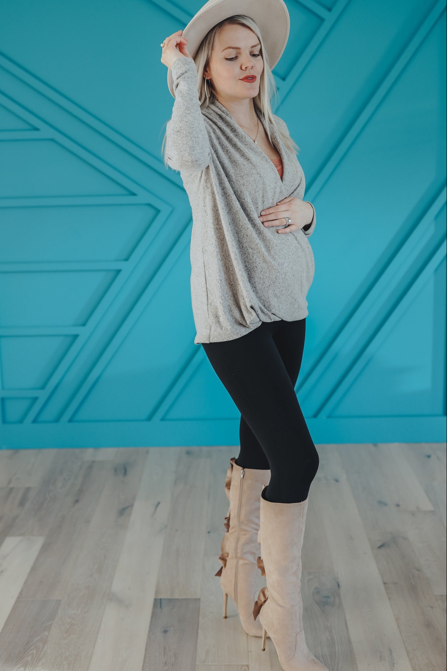 PinkBlush Beige Knit Draped Wrap V-Neck Maternity Nursing Top