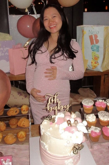 PinkBlush Pink Metallic Off Shoulder Long Sleeve Wrap Maternity Photoshoot Gown/Dress