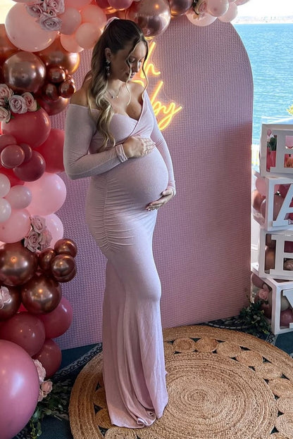 PinkBlush Pink Metallic Off Shoulder Long Sleeve Wrap Maternity Photoshoot Gown/Dress