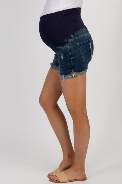 PinkBlush Navy Blue Distressed Rolled Hem Maternity Shorts