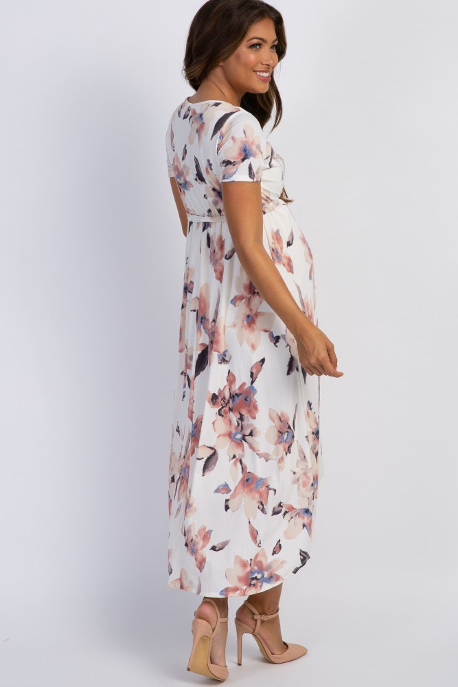 PinkBlush Ivory Watercolor Floral Hi-Low Maternity Wrap Dress