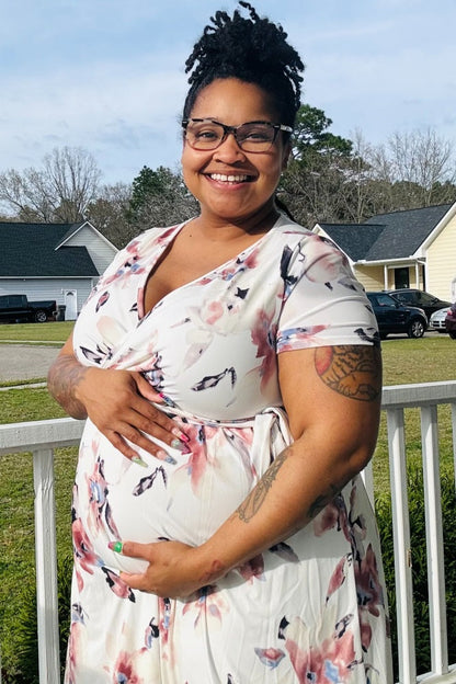 PinkBlush Ivory Watercolor Floral Hi-Low Maternity Wrap Dress