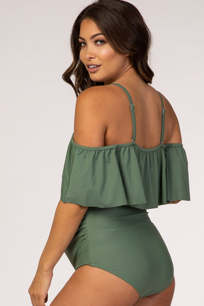 PinkBlush Olive Ruffle Trim Ruched One-Piece Maternity Swimsuit
