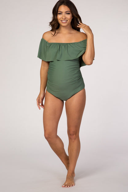 PinkBlush Olive Ruffle Trim Ruched One-Piece Maternity Swimsuit