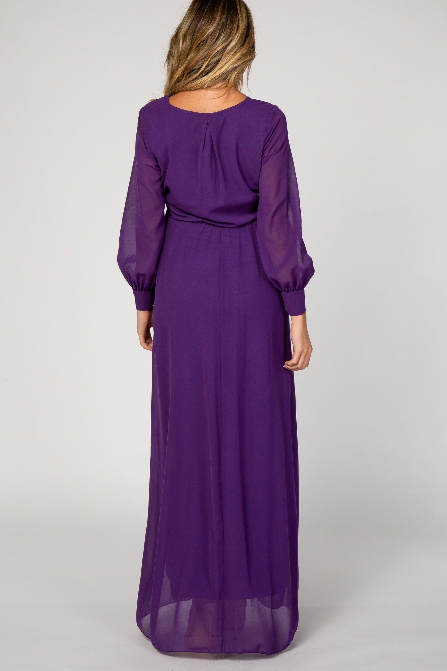 Purple Chiffon Long Sleeve Pleated Maternity Maxi Dress