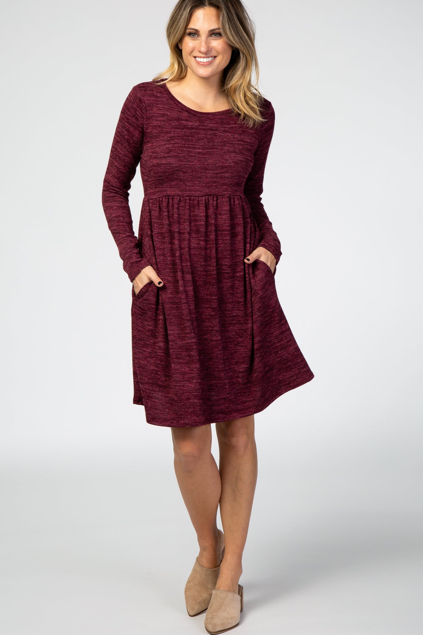 Burgundy Heathered Long Sleeve Knit Maternity Dress
