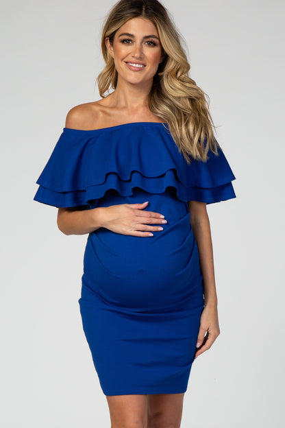 Royal Blue Off Shoulder Ruched Maternity Dress