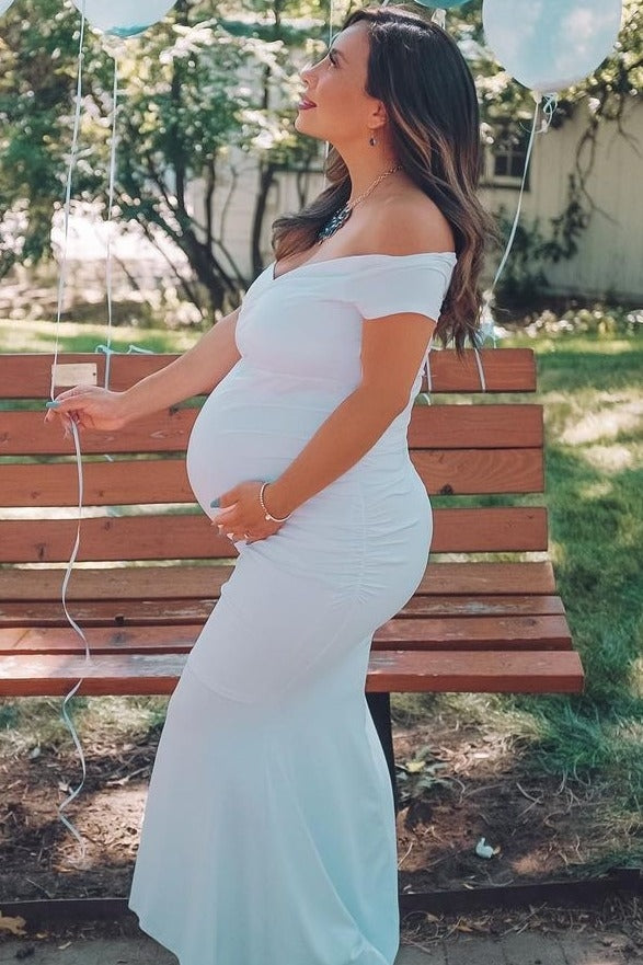 PinkBlush White Off Shoulder Wrap Maternity Photoshoot Gown/Dress