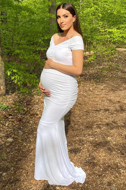 PinkBlush White Off Shoulder Wrap Maternity Photoshoot Gown/Dress