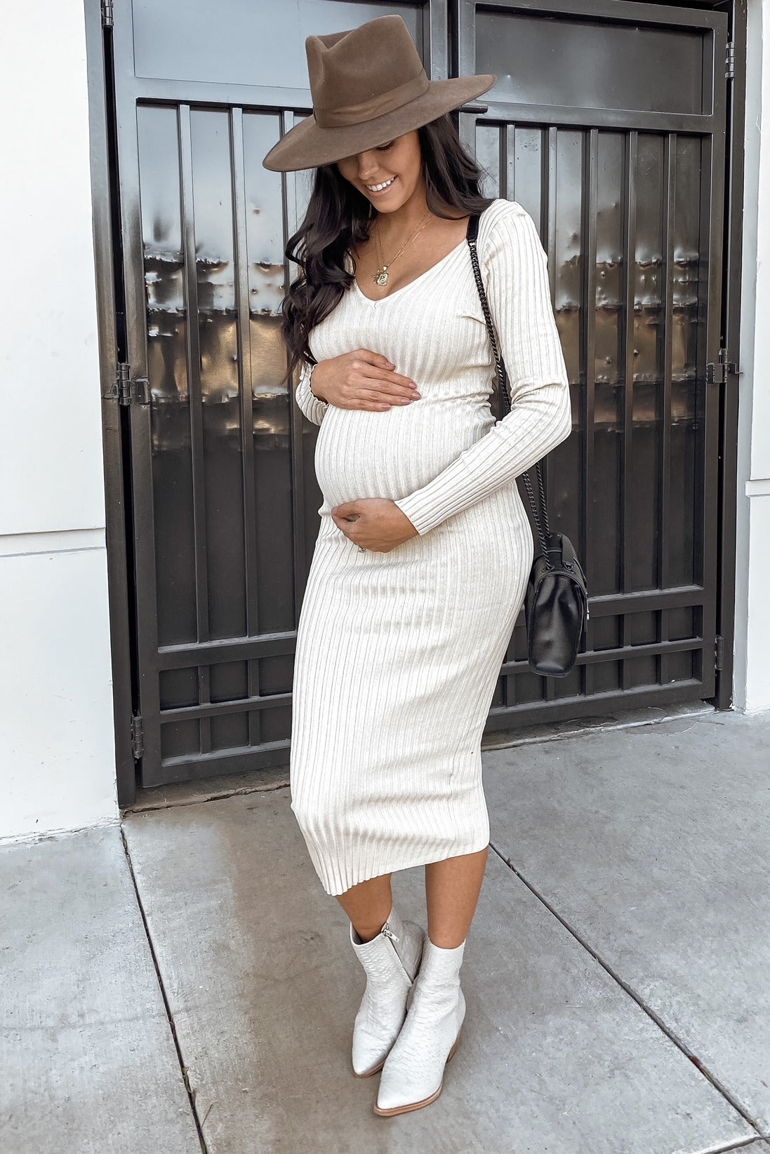 Taupe V-Neck Long Sleeve Fitted Maternity Maxi Dress