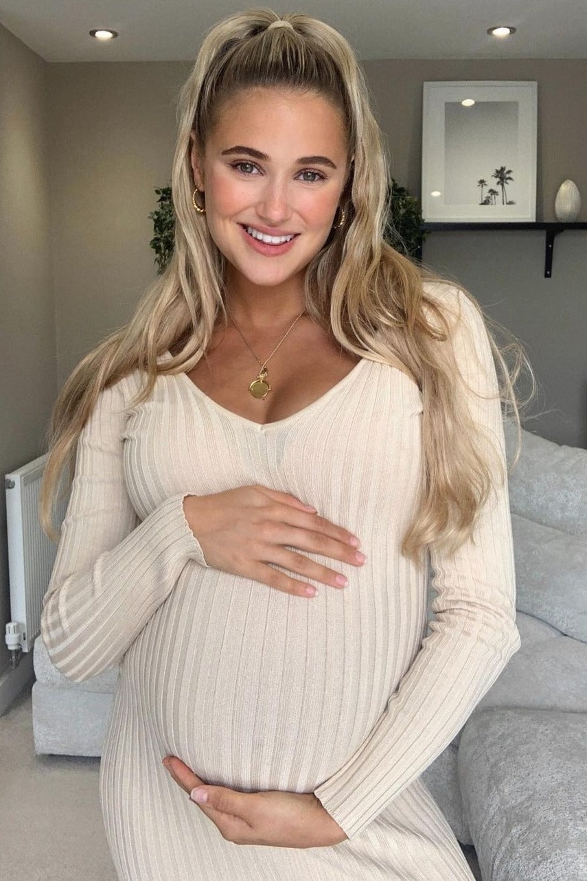 Taupe V-Neck Long Sleeve Fitted Maternity Maxi Dress