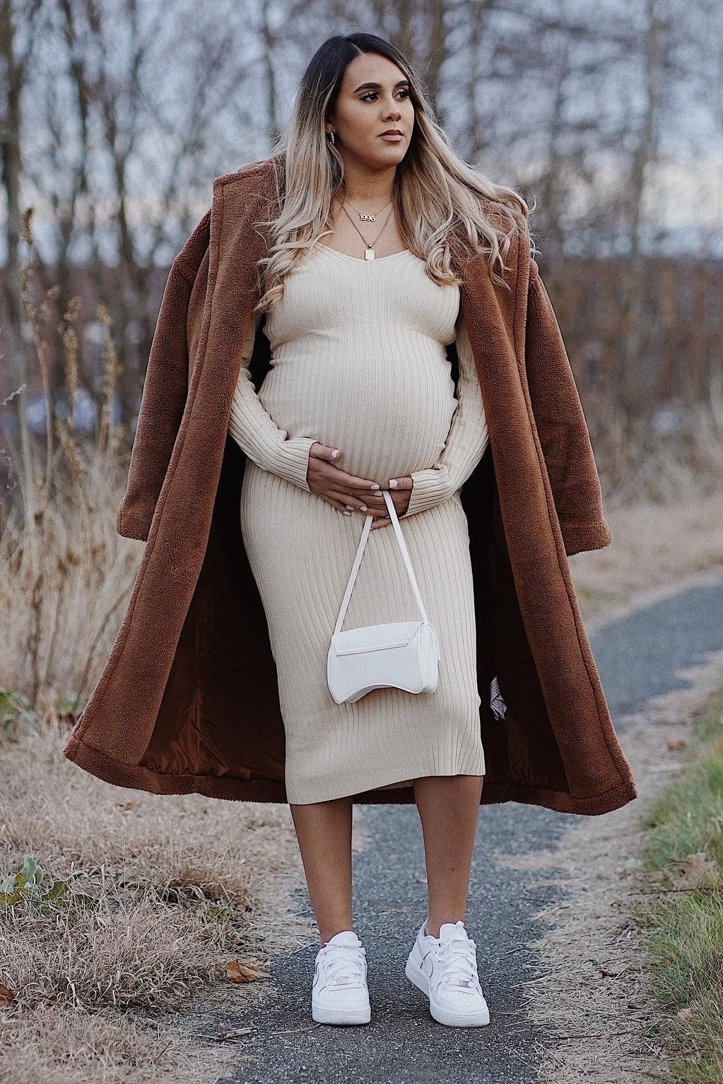 Taupe V-Neck Long Sleeve Fitted Maternity Maxi Dress