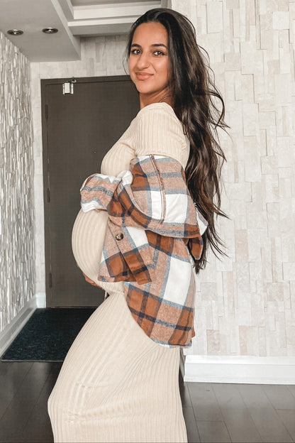 Taupe V-Neck Long Sleeve Fitted Maternity Maxi Dress