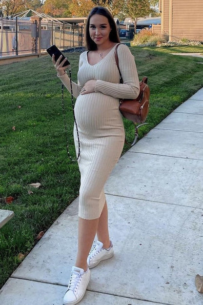 Taupe V-Neck Long Sleeve Fitted Maternity Maxi Dress
