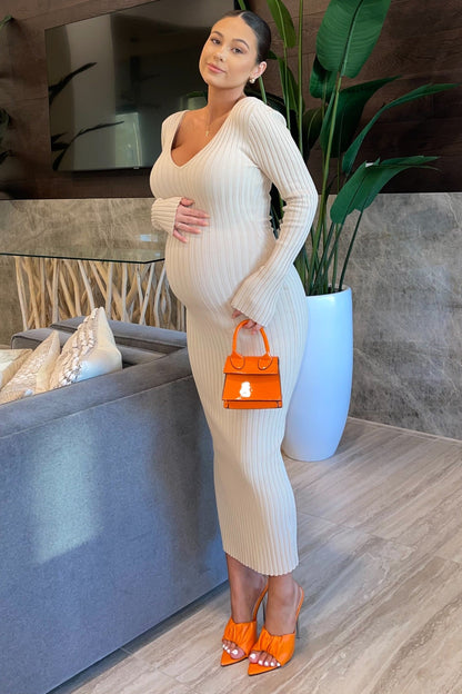 Taupe V-Neck Long Sleeve Fitted Maternity Maxi Dress