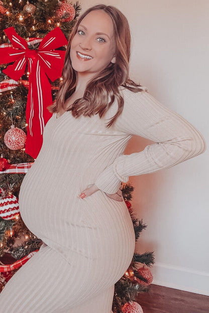 Taupe V-Neck Long Sleeve Fitted Maternity Maxi Dress