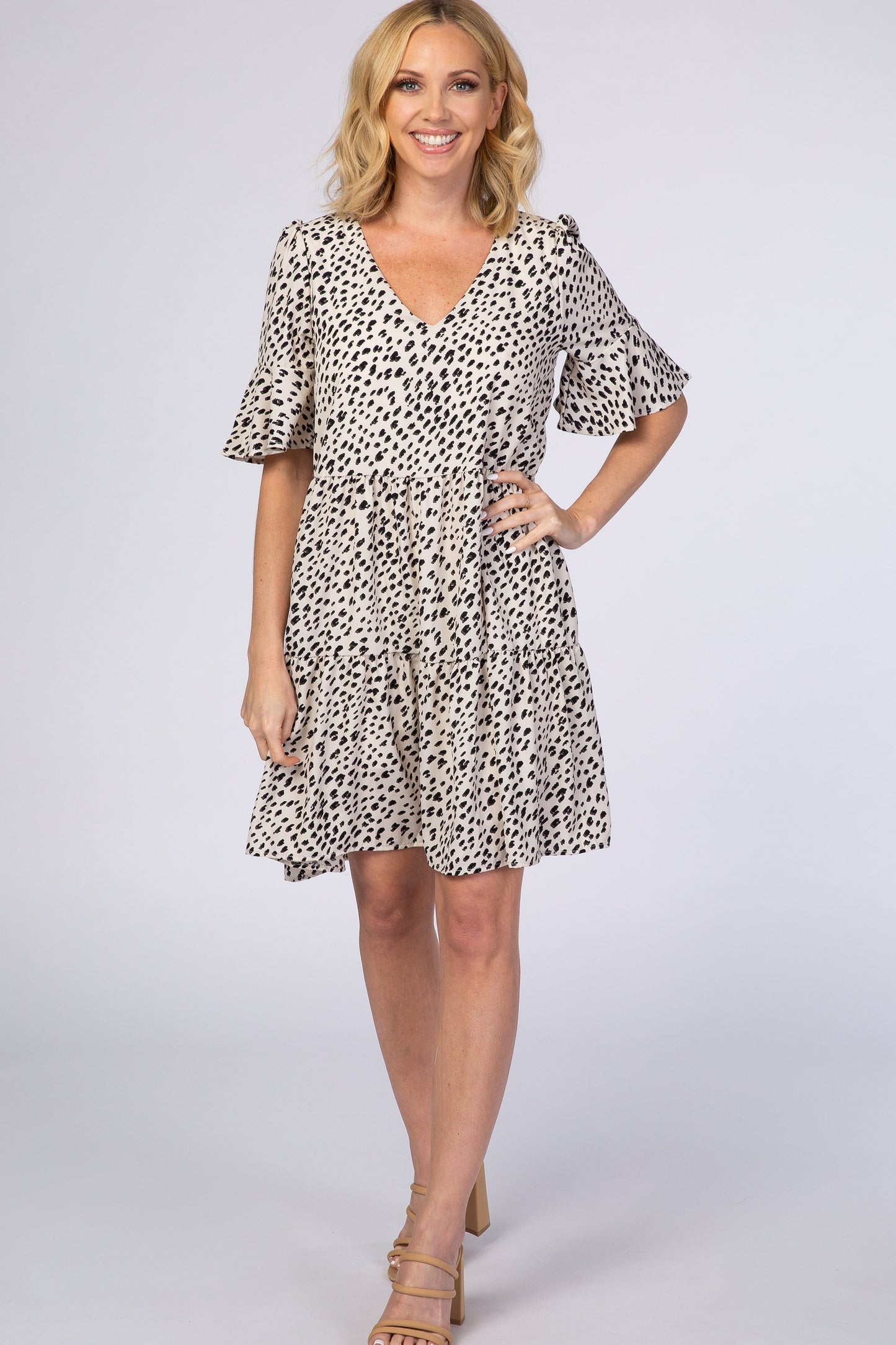 Beige Animal Print Ruffle Sleeve Maternity Dress