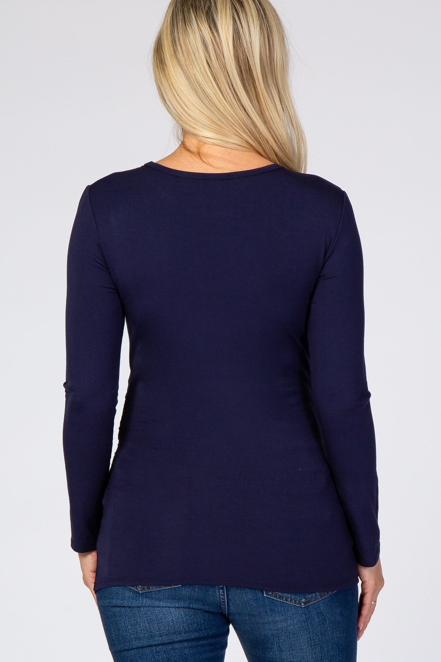 Navy Blue Long Sleeve Ruched Fitted Maternity Top