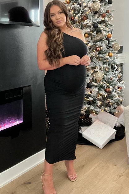PinkBlush Black Ruched One Shoulder Maternity Dress