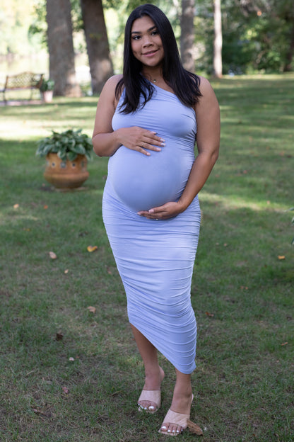 PinkBlush Light Blue Ruched One Shoulder Maternity Dress