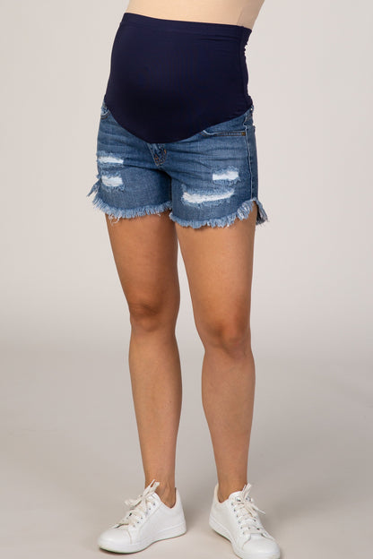 PinkBlush Denim Distressed Frayed Hem Maternity Shorts