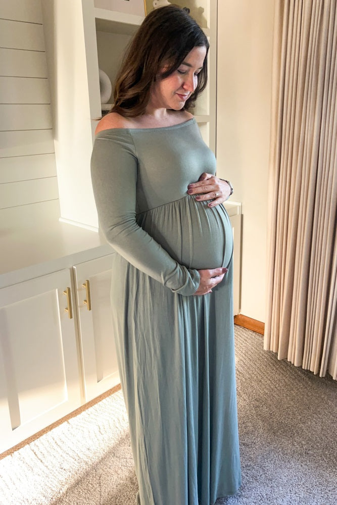 Sage Off Shoulder Long Sleeve Maternity Maxi Dress