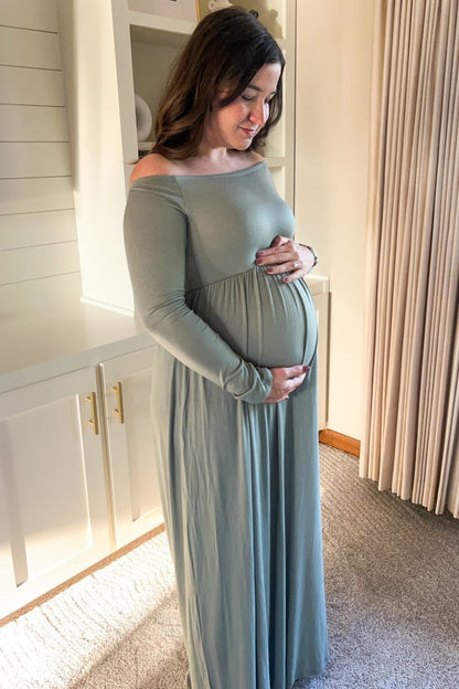 Sage Off Shoulder Long Sleeve Maternity Maxi Dress