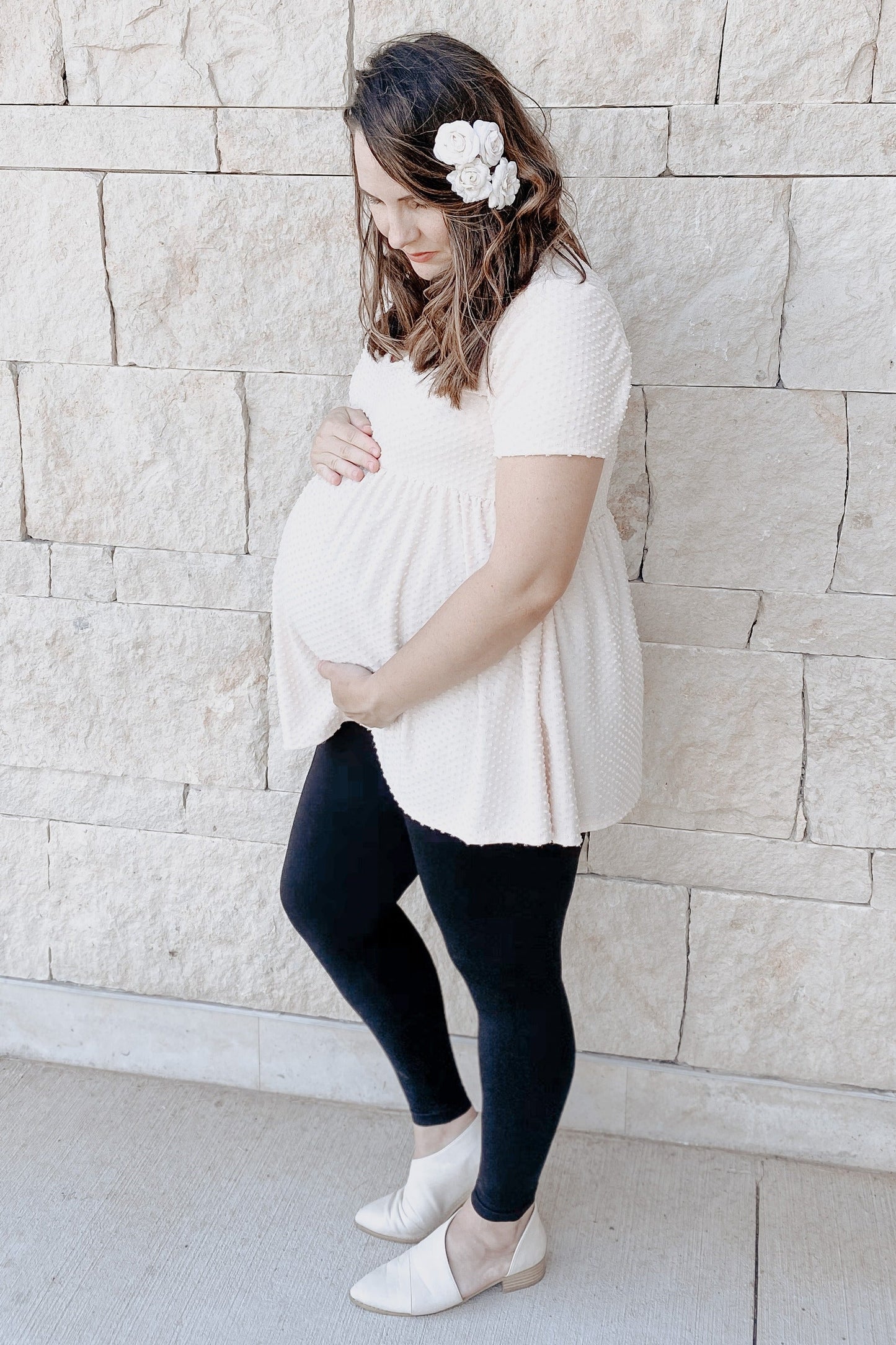 Beige Textured Babydoll Maternity Blouse