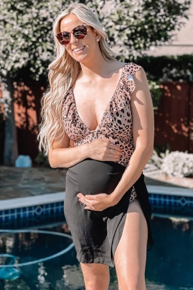 Beige Animal Print Ruffle Maternity One-Piece Swimsuit