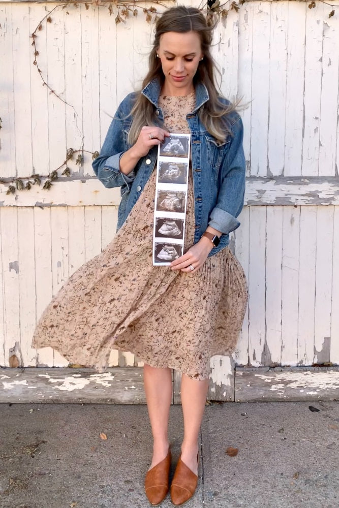 Beige Floral Pleated Short Sleeve Chiffon Maternity Midi Dress