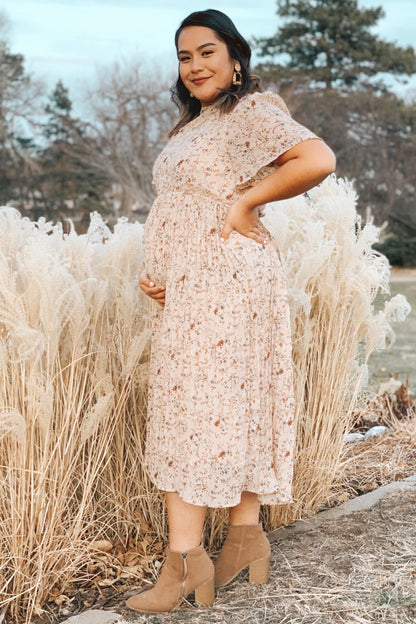Beige Floral Pleated Short Sleeve Chiffon Maternity Midi Dress