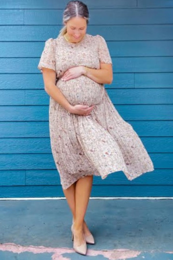 Beige Floral Pleated Short Sleeve Chiffon Maternity Midi Dress