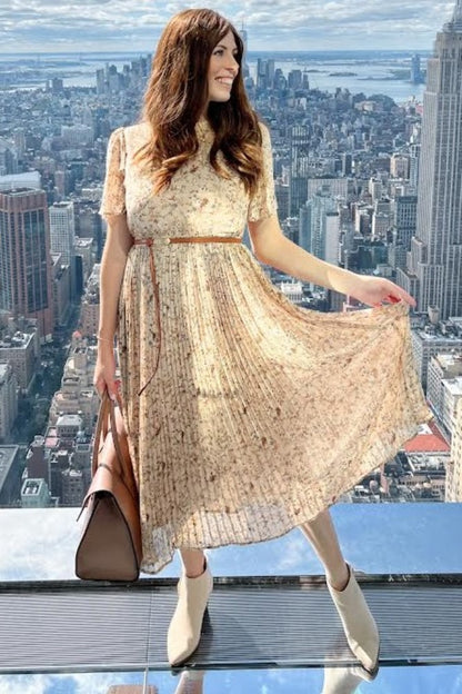 Beige Floral Pleated Short Sleeve Chiffon Maternity Midi Dress