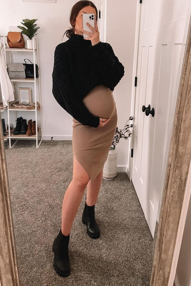 Taupe Ribbed Fitted Mock Neck Long Sleeve Maternity Midi Dress