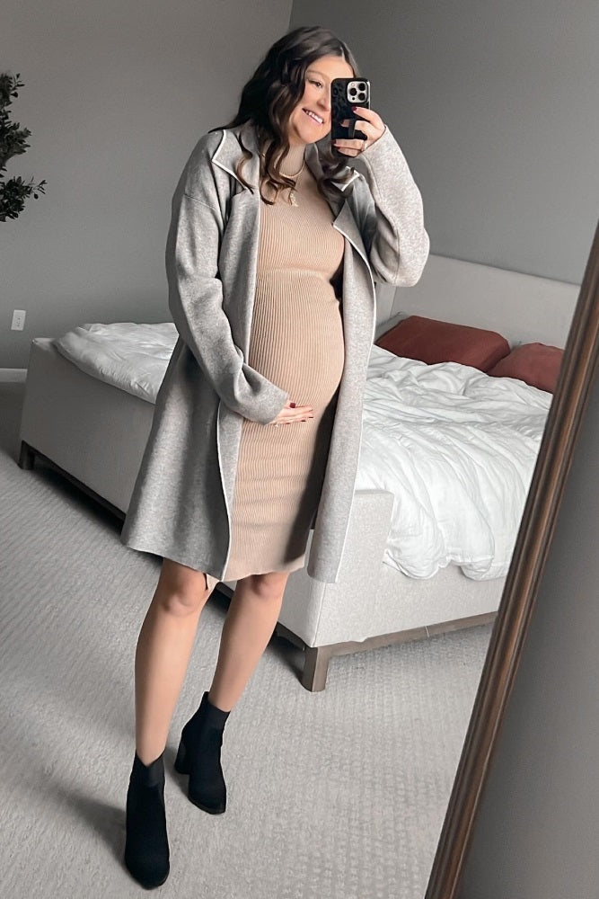 Taupe Ribbed Fitted Mock Neck Long Sleeve Maternity Midi Dress