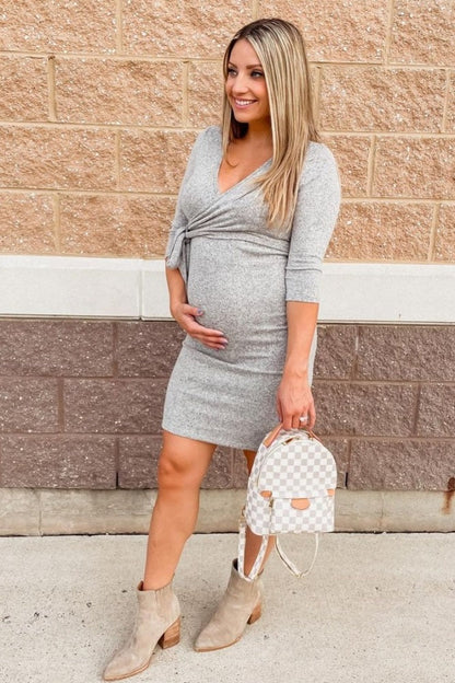 Heather Grey Brushed Knit Wrap Fitted Maternity/Nursing Dress