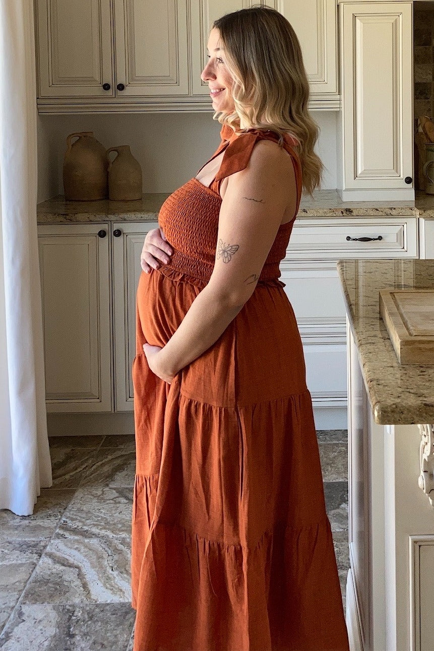 Rust Bow Strap Tiered Maternity Midi Dress