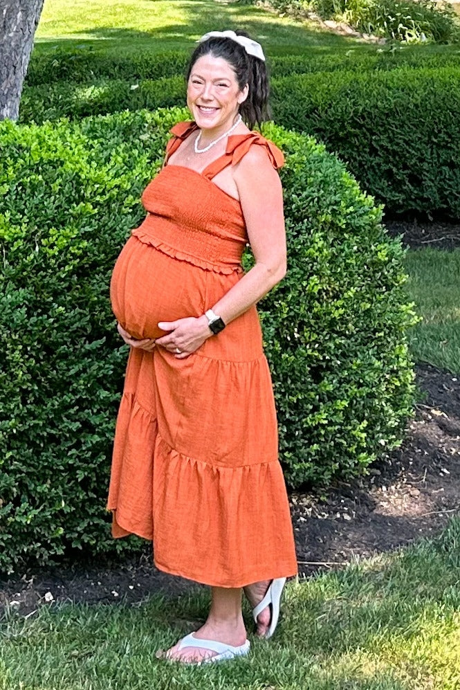 Rust Bow Strap Tiered Maternity Midi Dress