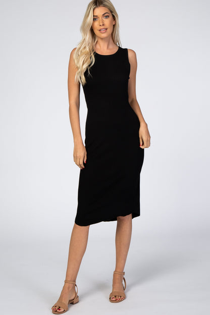 Black Ribbed Sleeveless Maternity Midi Dress